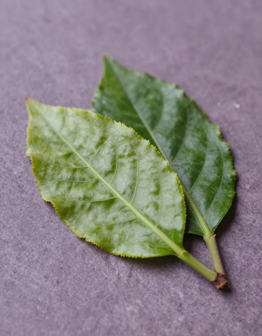 White line botanical illustration of a green tea stem on violet ground