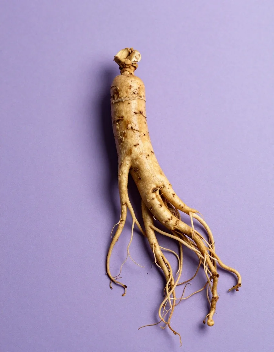 White line botanical illustration of a ginseng root specimen on violet ground