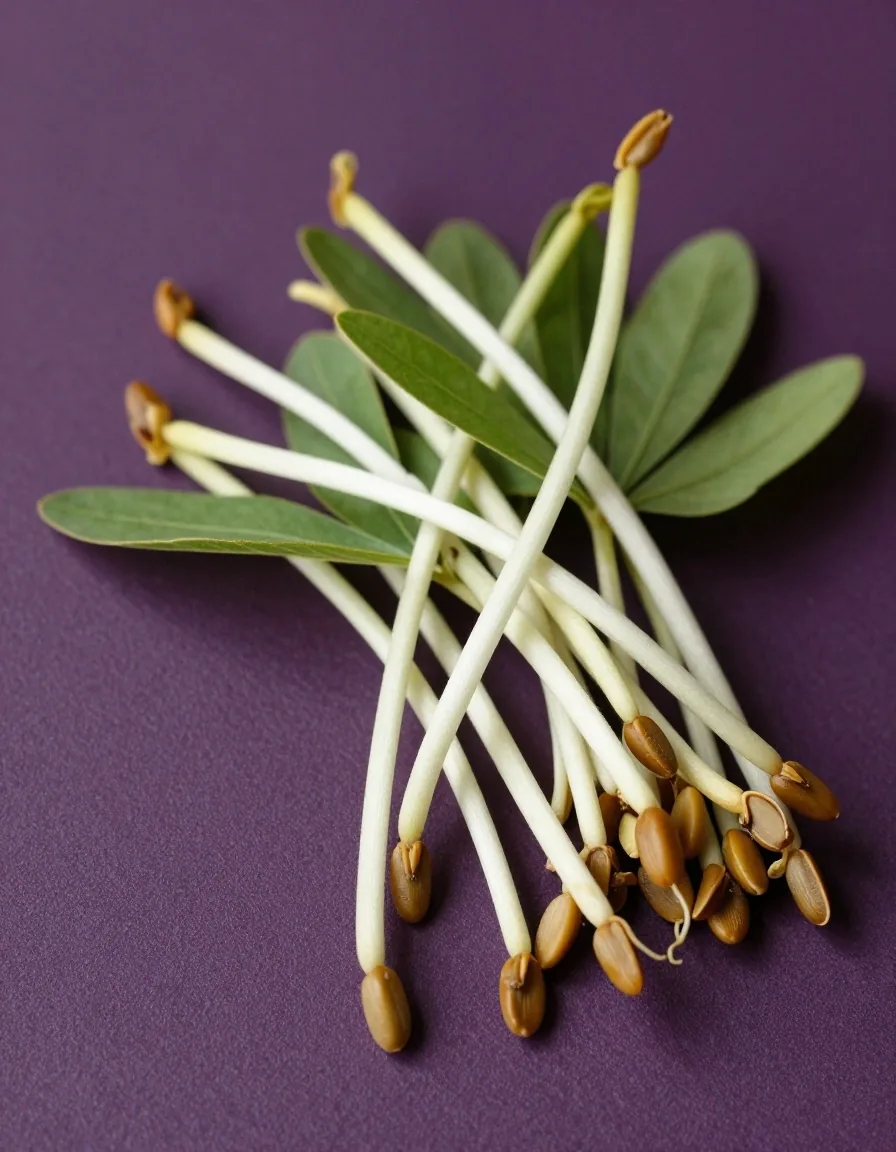 White line botanical illustration of a fenugreek stem with seed pods on violet ground
