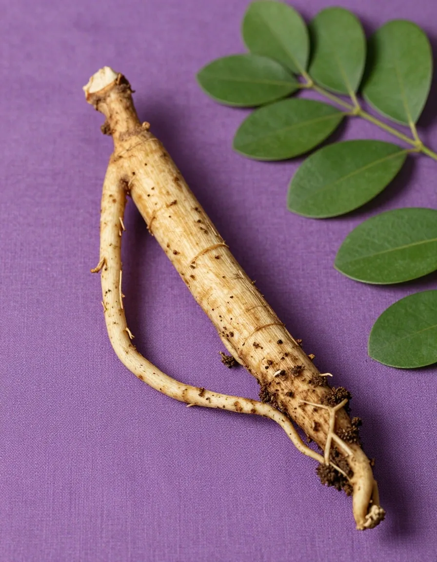 White line botanical illustration of an ashwagandha root with leaves on violet ground